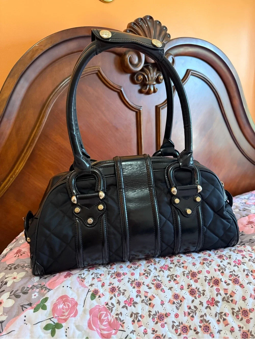 🐎 BURBERRY 🐎 BLACK QUILTED NYLON AND PATENT LEATHER MANOR SATCHEL AUTHENTIC